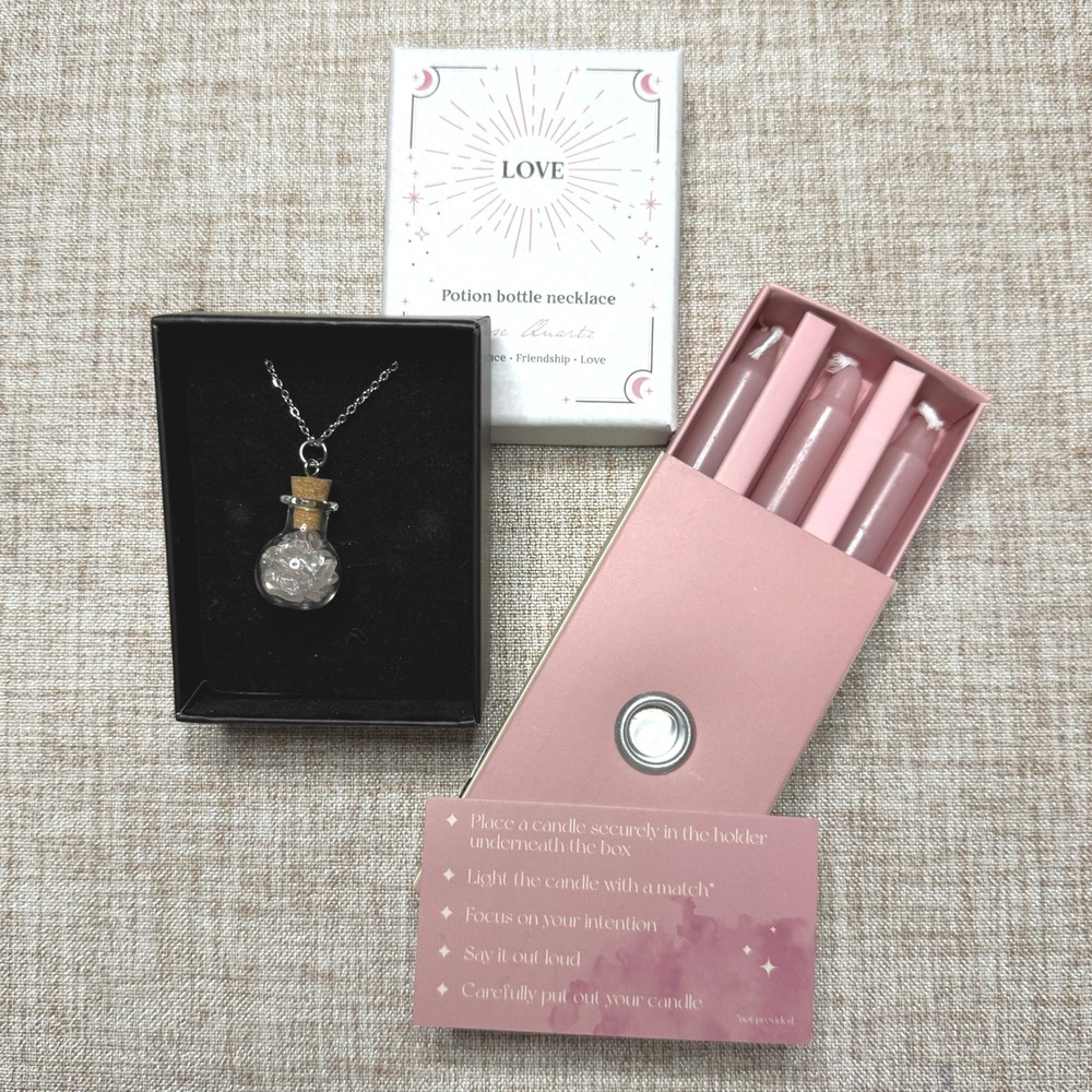 Rose Quartz Potion Bottle Necklace & Love Spell In A Box Ritual Gift Set Pink